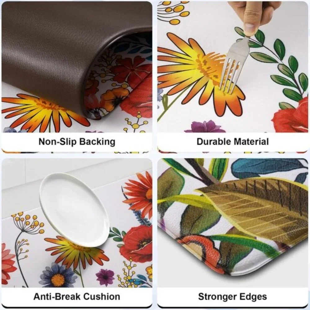 New Set of 2 White Floral Kitchen Mat, Anti-Fatigue, Cushioned, Non-Slip Mats